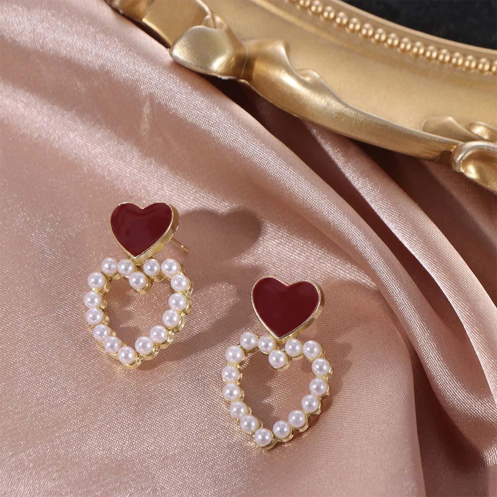 Retro Geometric Earring Elegant Baroque Stud Earrings Wine Red Pearl Ear Studs  Female