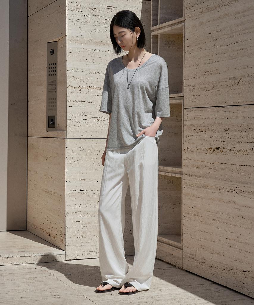 Siyajyu Sitp5287 U-Neck Relaxed Short Sleeve T-Shirt_Melange Gray