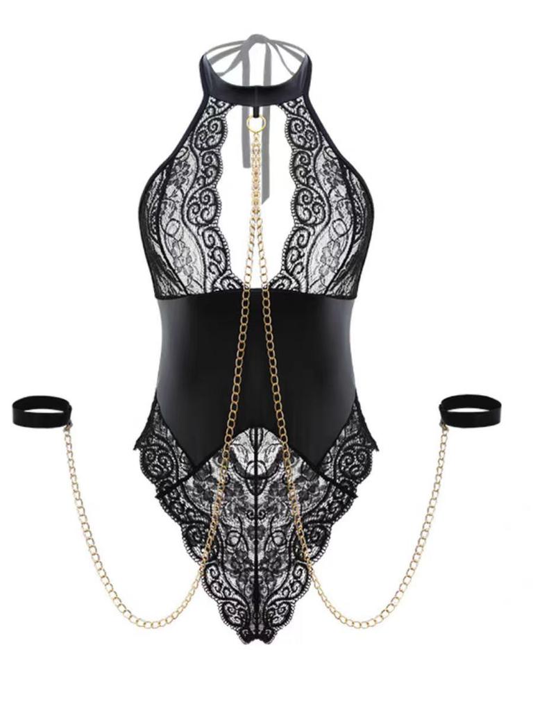 Spice girl lace bundled mesh patent leather splicing royal sister temperament onesie sex underwear uniform