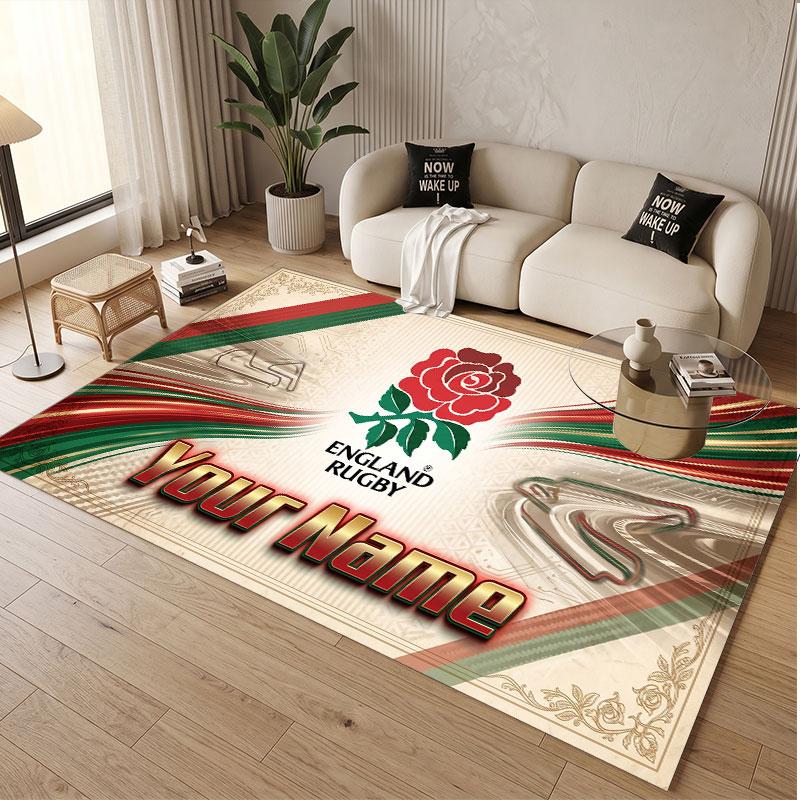 Custom Rug England Rugby Pattern Print Name Text Soft Non‑Slip Floor Carpet for Home Indoor Decoration