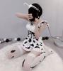 Lady Lazy Sexy Dairy Cow Maid Cosplay Costume, Perfect for Photoshoots, Mini Dress, White and Black Cow Print, Includes Knee-High Socks