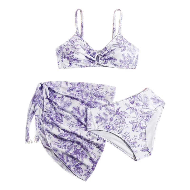 2026 Girls' European & American Print Mesh Three-Piece Swimsuit Set - Medium & Large Sizes