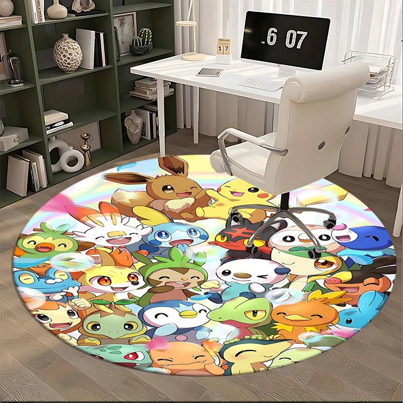 1 szt. Okrągły dywanik Pokemon Pikachu i Przyjaciele - Mata na krzesło z motywem anime do biura, wystroju domu, salonu