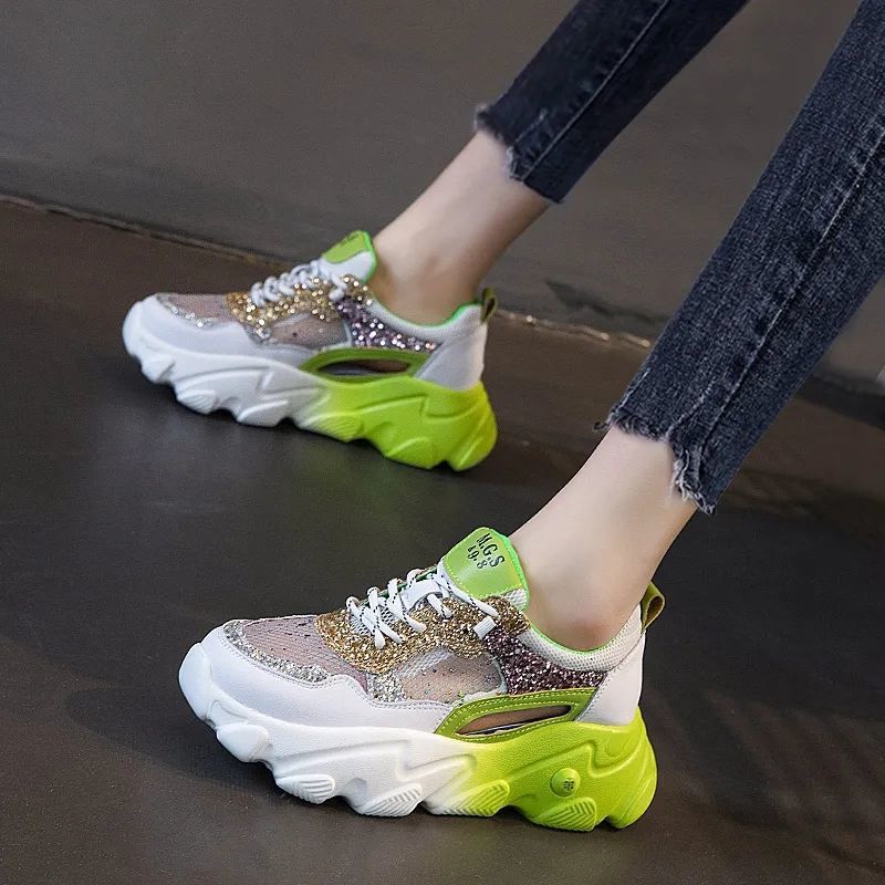 

Dad Shoes Student Summer 221 New Platform Sneakers Mesh Breathable Hollow Height Increasing Casual Shoes 35 зелёный