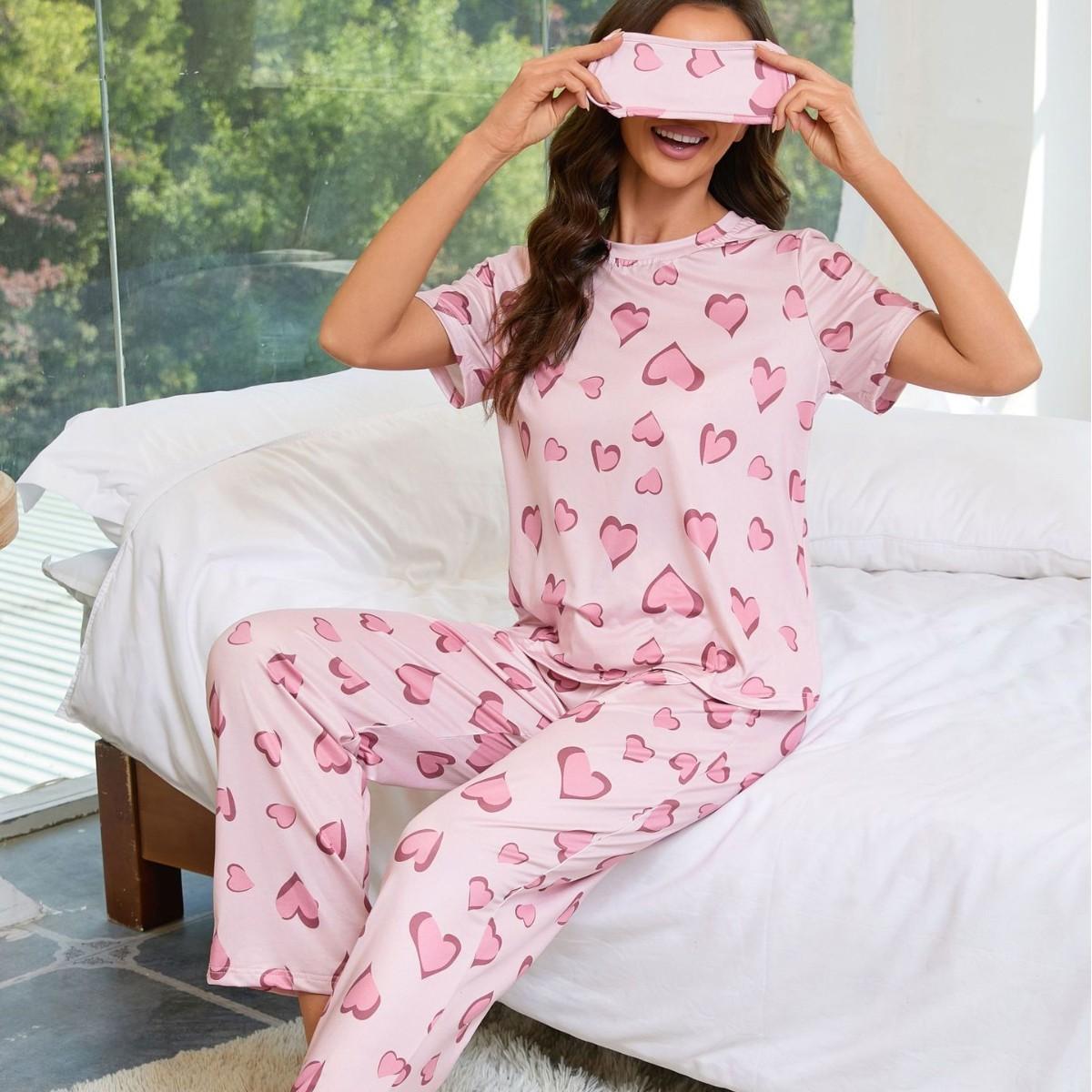 

Spring Summer Pajamas Set for Women Heart Printing Short Sleeve Tops and Long Pants Sleepwear with Eye Patch Casual Loose Soft Pyjamas Homewear S