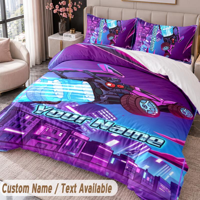 Benutzerdefinierter Name Text 3-teiliges Bettwäsche-Set Rocket League Bettbezug und zwei Kissenbezüge