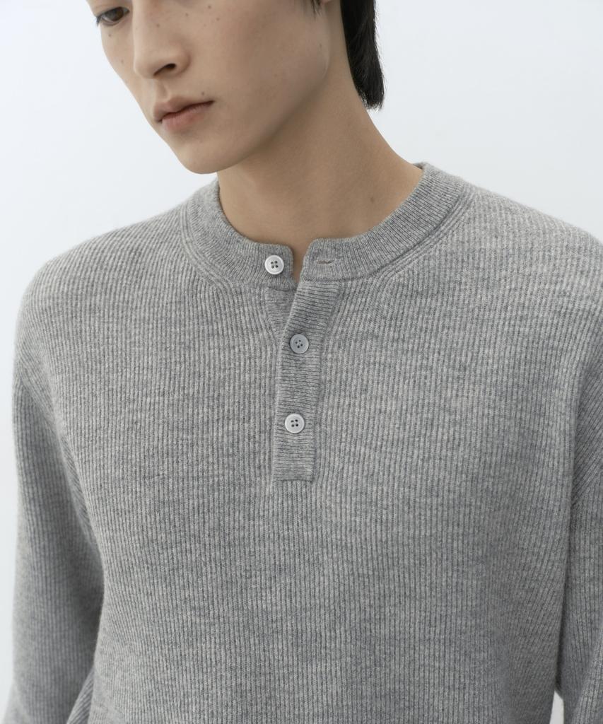 Musinsa Standard [Victoria Wool] Minimal Ribbed Henley Neck Knit [Melange Light Grey]