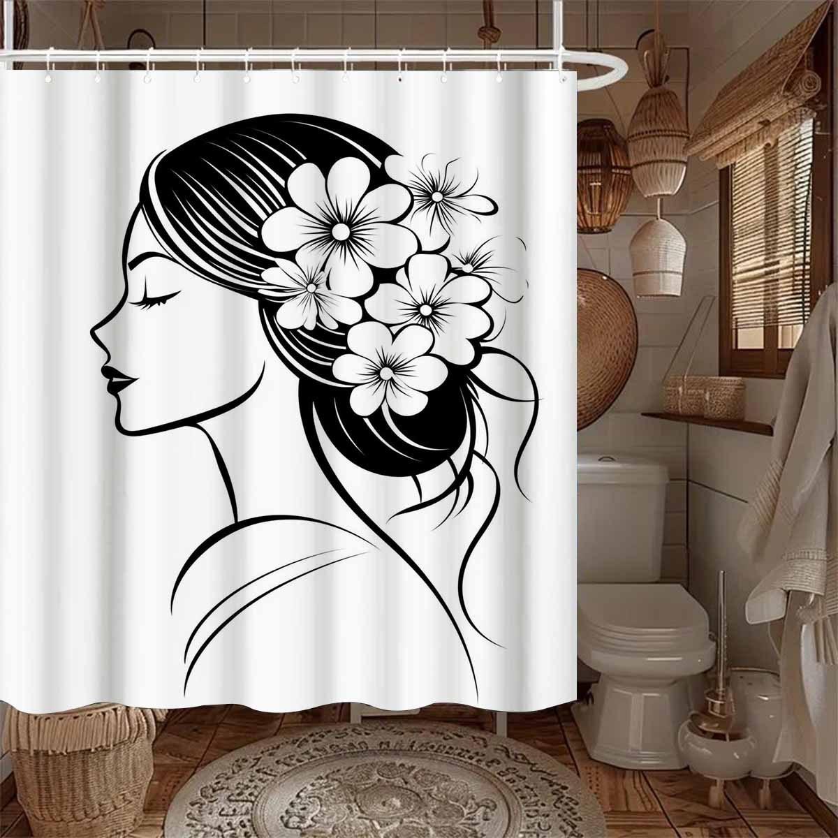 

1pc Art Line Cherry Blossom Portrait Series Shower Curtain - with 12 Hooks, Machine Washable, Suitable for Bathroom Decor 90x180cm