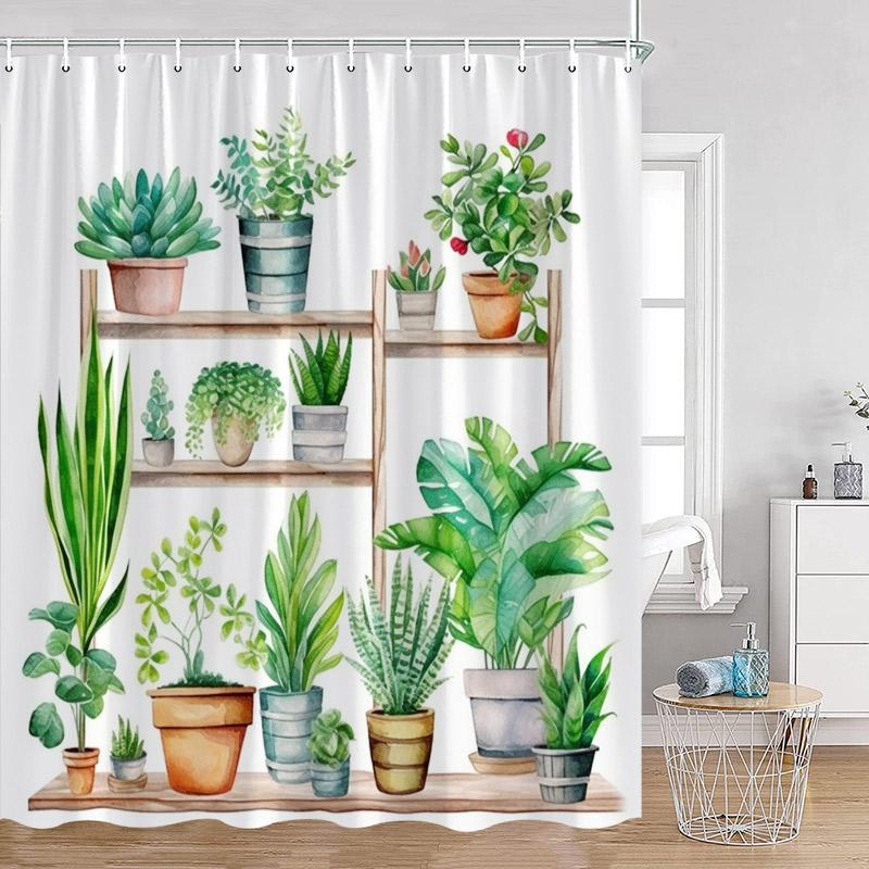 Plant Shower Curtain Cats Green Potted Plants Leaves Cat on the Toilet Modern Bathroom Decor Polyester Fabric Bathtub Curtain
