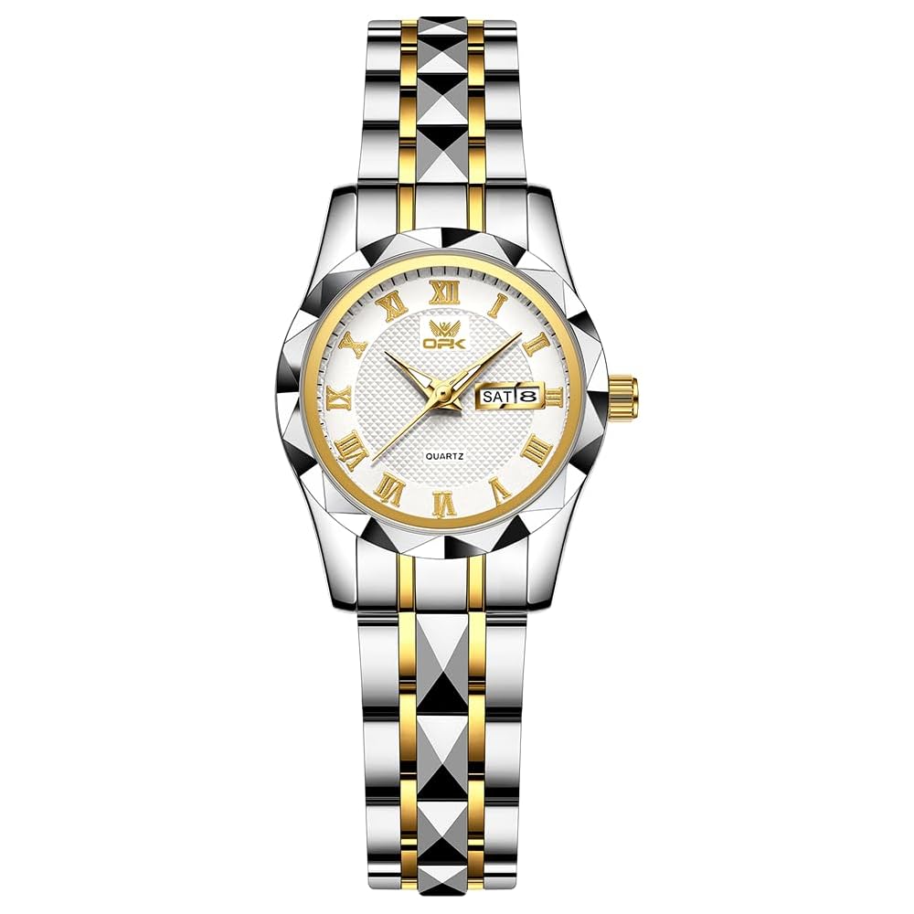 Japanese Quartz Women s Watch Round Face 28mm Calendar Stainless Steel Gold Silver