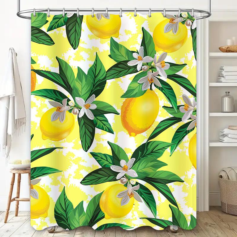 Lemon Yellow Shower Curtain, Lemon Print Bath Decor, Fruit Pattern Fabric Bathroom Shower Cloth, Waterproof Hanging Home Decorat