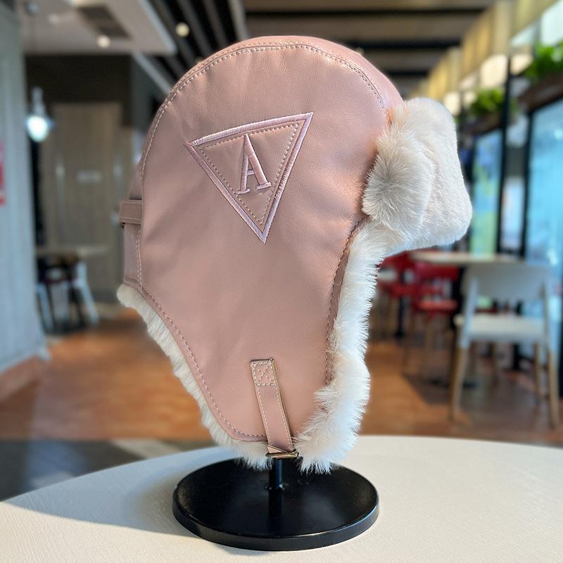 Female autumn and winter thickened warm PU leather plush hat outdoor skiing cold ear protection hat flying hat trendy man
