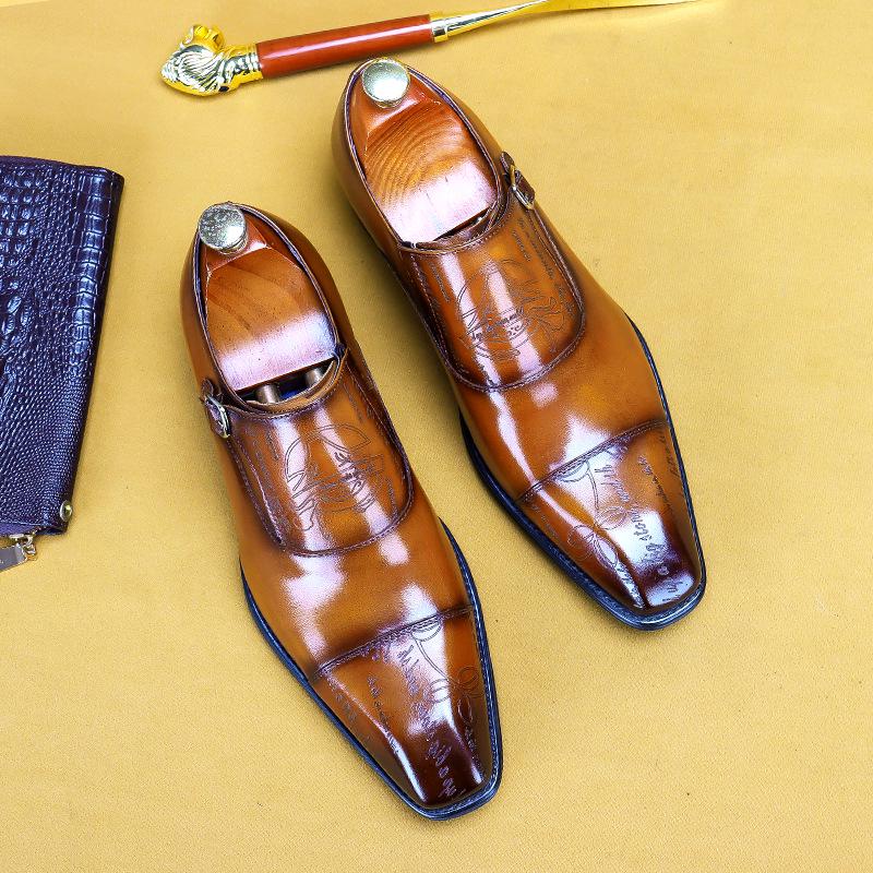 Skórzane buty biznesowe męskie ze skóry naturalnej brytyjskie buty z klamrą Monk rzeźbione buty męskie ze skóry bydlęcej