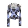 Long Sleeve Square-Neck Tie Dye Mesh Sunscreen Slim Fit Fake Two-Piece