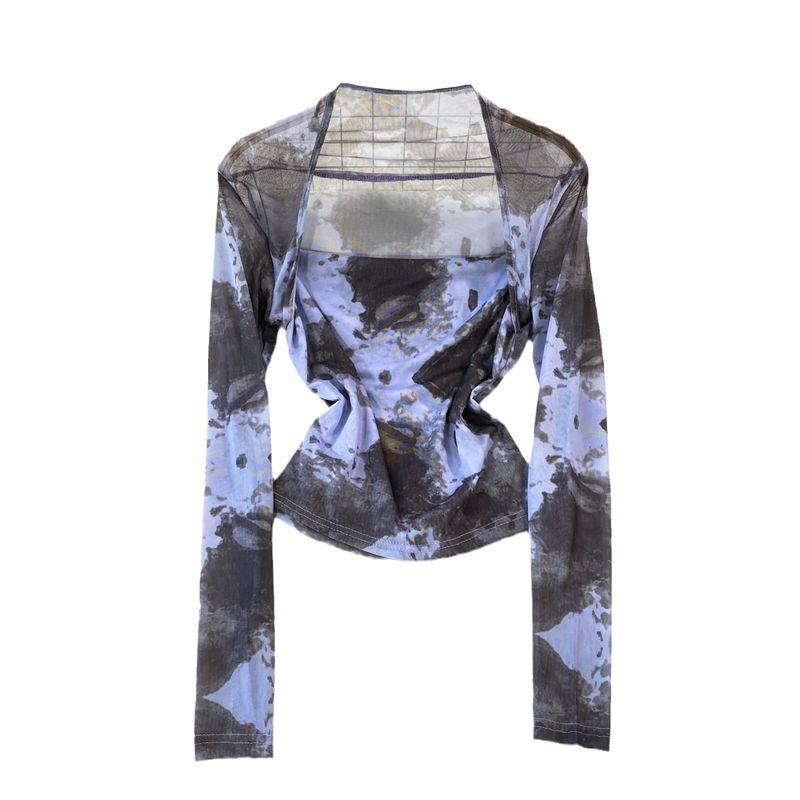 Long Sleeve Square-Neck Tie Dye Mesh Sunscreen Slim Fit Fake Two-Piece