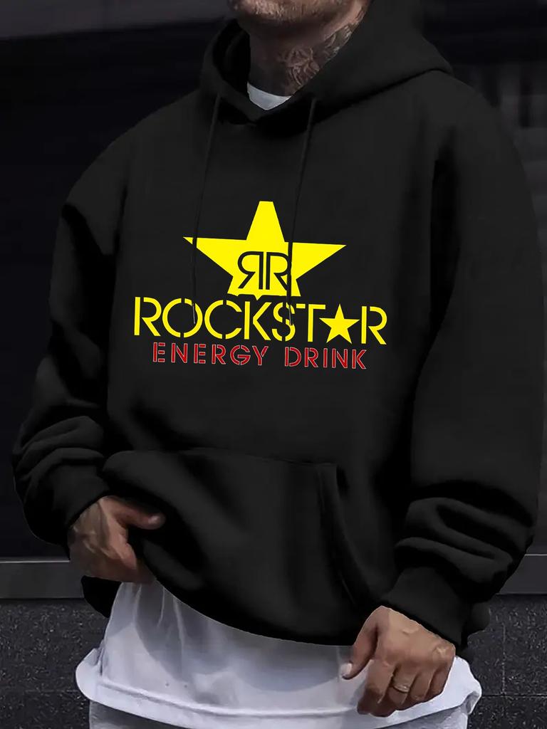 Casual Rockstar Graphic Hoodie - Green with Yellow Star & "Rockstar Energy Drink" Print
