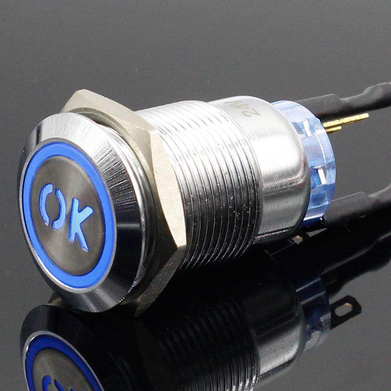 19mm hochwertiger Metall-Leistungs-L-Typ Messing Drucktaster flach rund Beleuchtung Momentan/Rastend 1Ö 1S