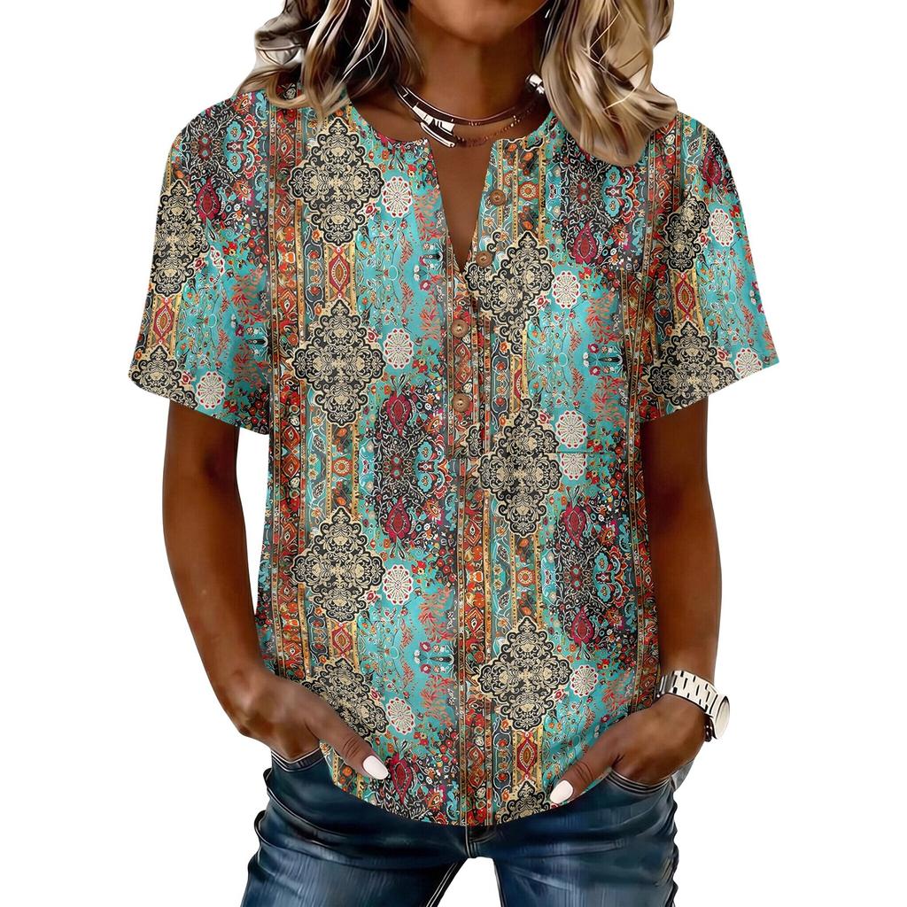 Women’s Vintage Floral Print Cotton Linen Shirt Short Sleeve Henley Neck Button Front Chest Casual Blouse Top