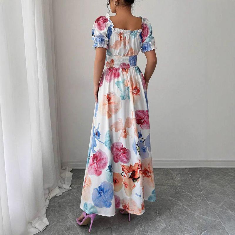 Summer Fashion New Arrival Puff Sleeves High Waist Tight Waist Women's Printed Wear Large Swing Sling Dress