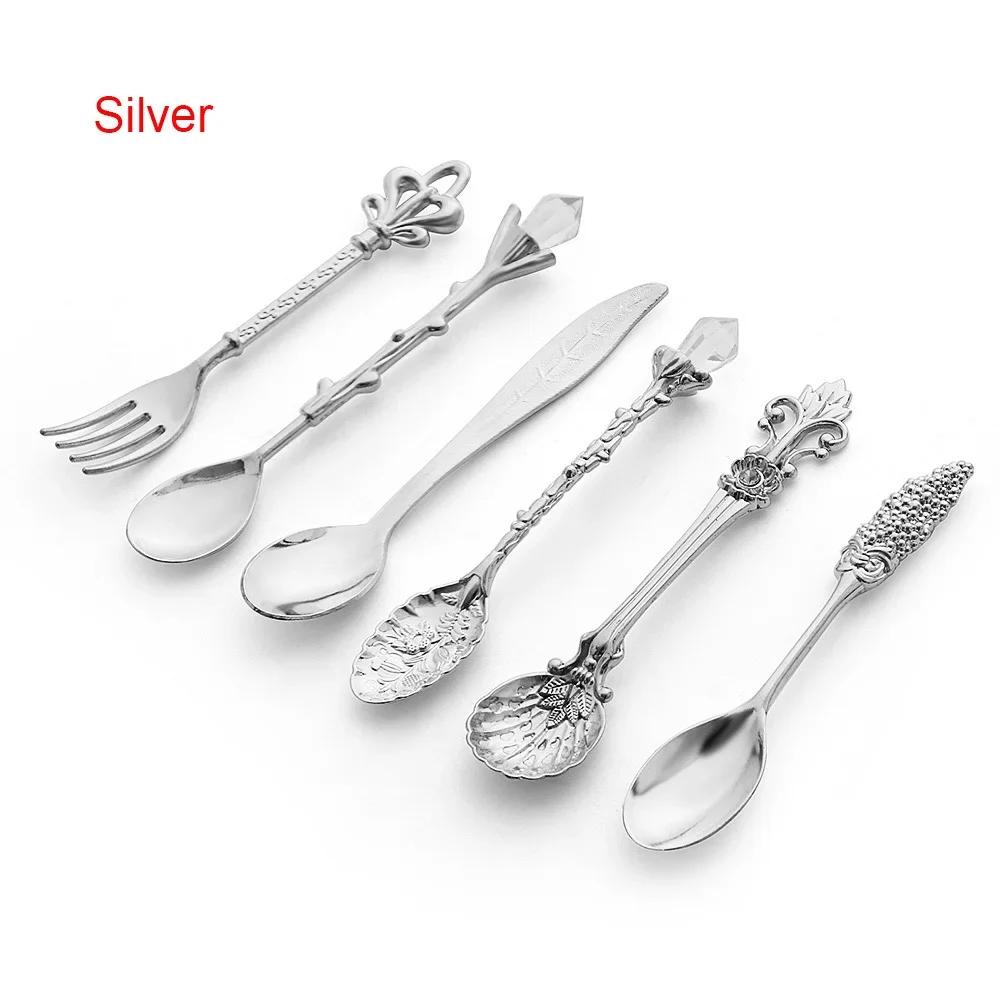 6pcs Vintage Spoons Fork Set Retro Coffee Spoons Plastic Crystal Carved Teaspoon Fruit Ice-Cream Cake Dessert Spoon Fork Cutlery