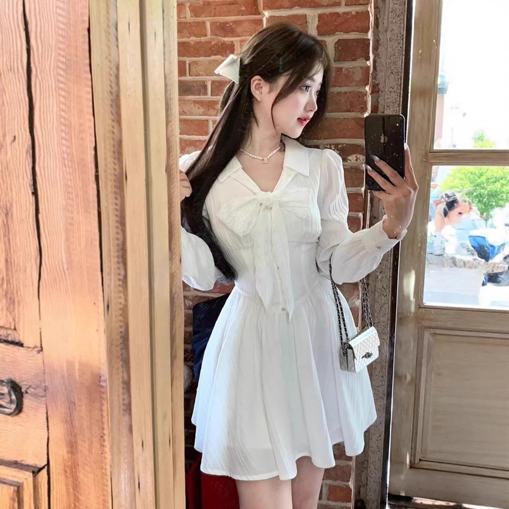 French Sweet Gentle Wind Bow Lace-Up Lapel Long Sleeve Waist Dress Women's Spring Temperament White Skirt