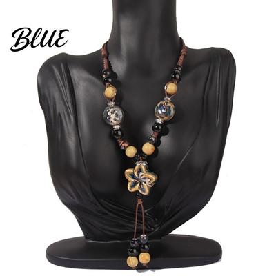 Fashionable Ceramic Necklace Vintage Bohemian Bead Braided Rope Flower Long