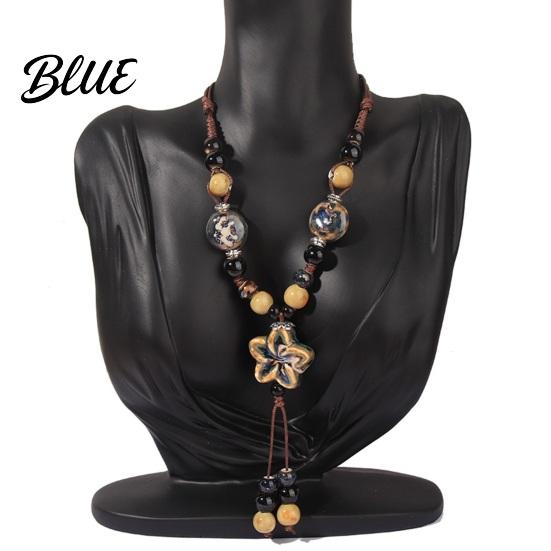 Fashionable Ceramic Necklace Vintage Bohemian Bead Braided Rope Flower Long