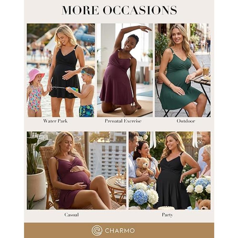 CHARMLEAKS Women Maternity Swimsuit Ribbed Pregnancy Swimwear Front Cross Supportive Swim Dress Cute Bathing Suit