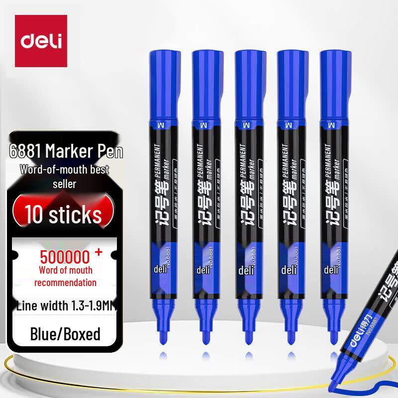 Deli Broad Tip Permanent Markers (Blue, 10-Pack)