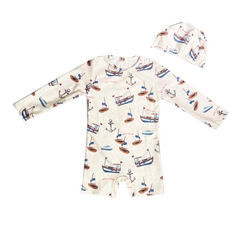 Neuer Jungen Segelboot Langarm Sonnenschutz Einteiliger Badeanzug für Sommer - Schnelltrocknende Strandbademode für Kleinkinder und Kinder