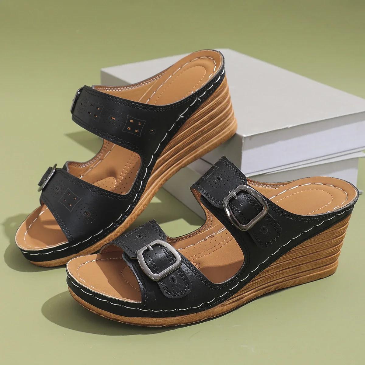 

Модные летние женские туфли на танкетке на платформе, новые женские босоножки больших размеров с открытым носком на платформе и высоком каблуке, повседневные туфли на открытом воздухе 43 чёрный