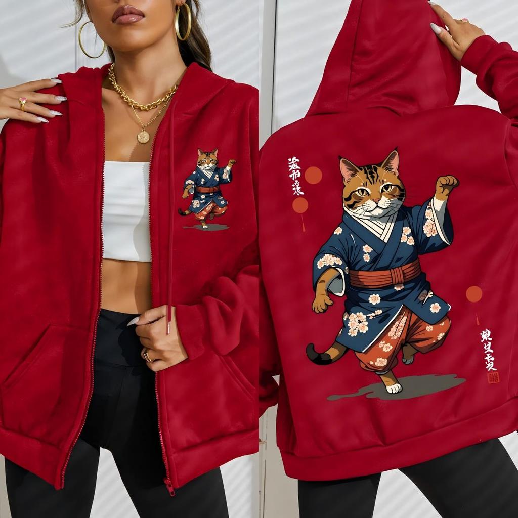 Japanese Cartoon Standing Cat Prints Zipper Hoodie Woman Fashion Fleece Hoody Autumn Soft Sportswear Street Casual Streetwear