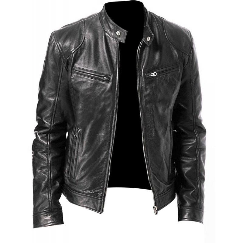 Men Stand Collar Punk Motorcycle Leather Jacket Casual Outerwear For Young Men