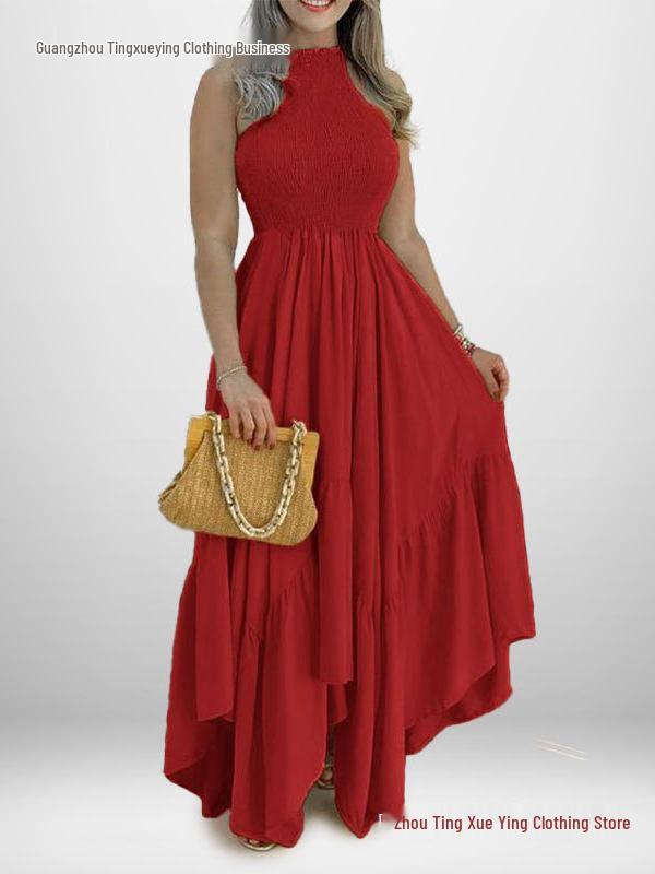 2026 Women's European & American Spring Dress - High Waist, Short Sleeve, Printed Long Design