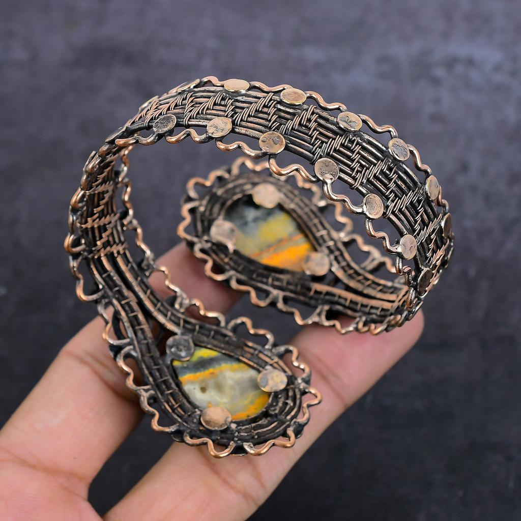 Hummel Jaspis Edelstein Handarbeit Kupferdraht Wickelarmband Verstellbar h4B36