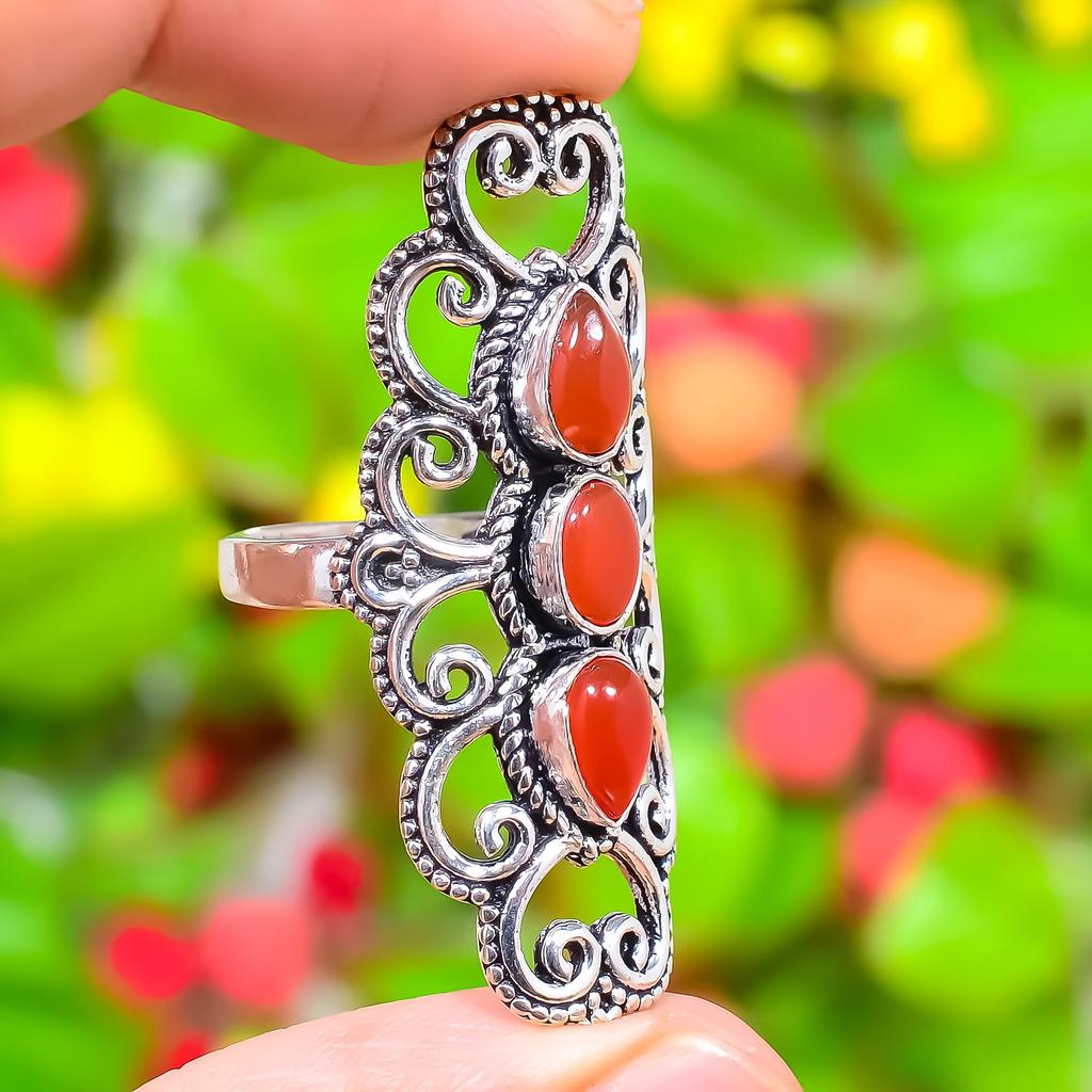 Orange Carnelian Gemstone Handmade 925 Sterling Silver Jewelry Ring Size 9 I9o04