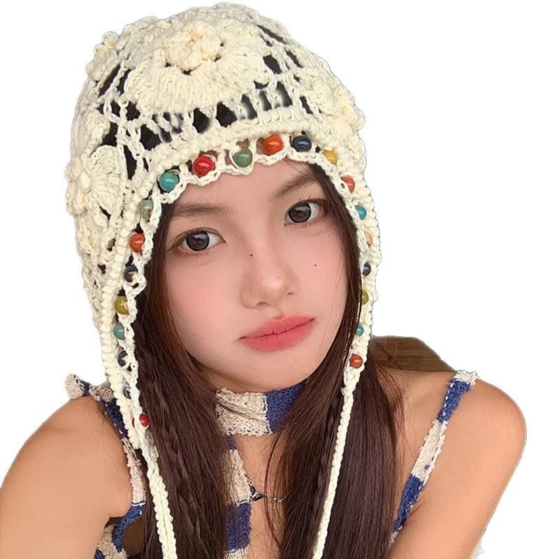 Women's Spring and Summer Retro Ethnic Style Hat Bohemian Flowers Tassel Bag Head Hat Hand Woven Hollow Bag Head Hat