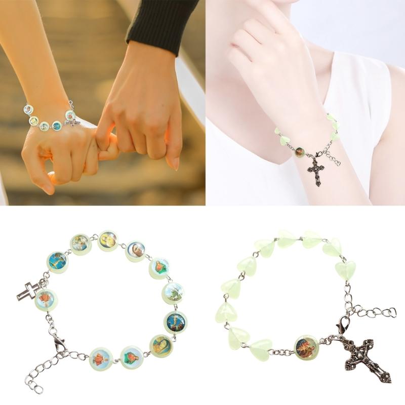 Luminous Rosary Bracelet,Cross-Pendant-Charms Bead Bracelet Jesus Crucifix Cross Jewelry for Women Men Party Wedding