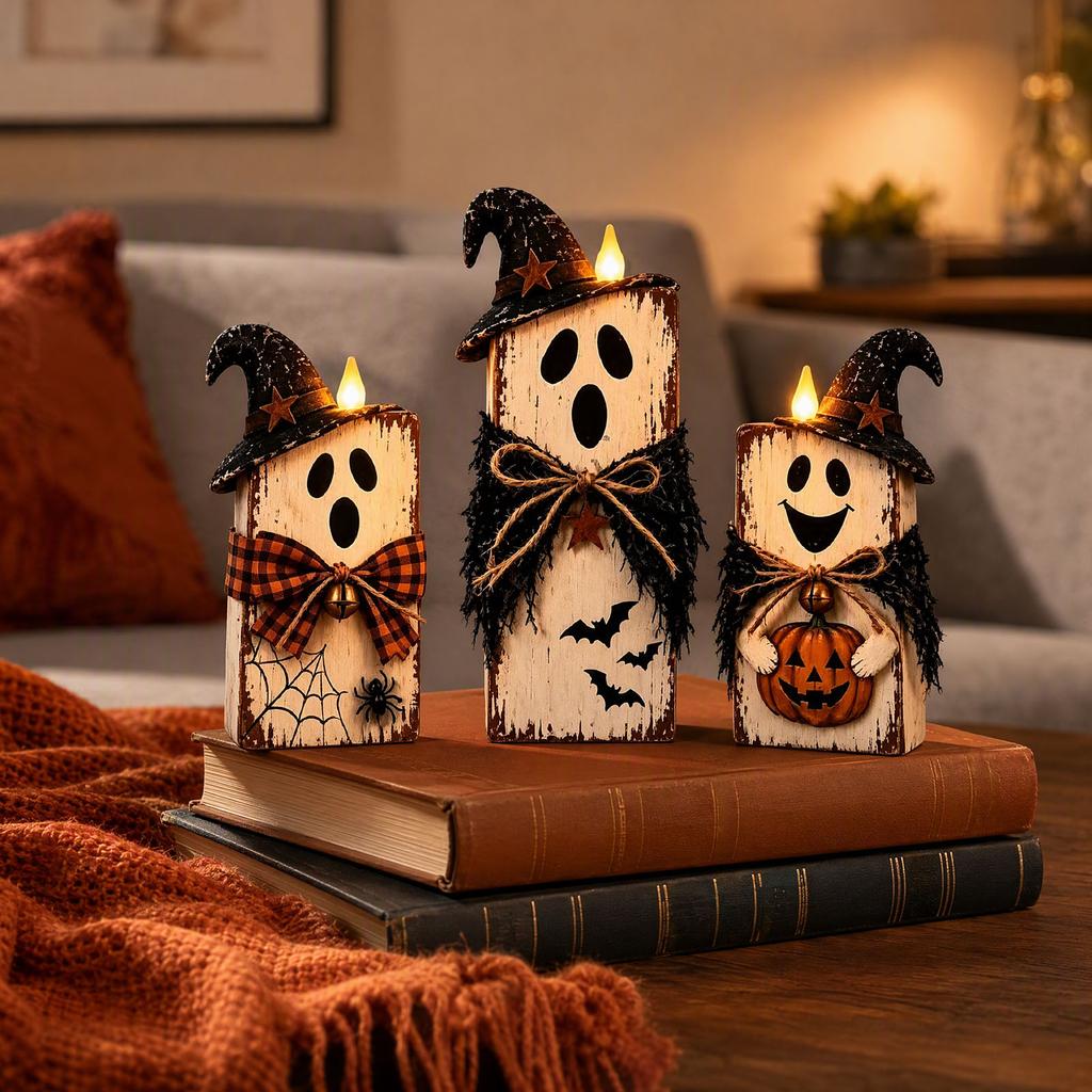 Rustic Farmhouse Wooden Scarecrow Ghost Pumpkin Fall Decor Set Tiered Tray Tabletop Ornament Halloween Thanksgiving