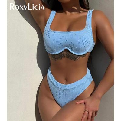 Novo biquíni sexy de cintura média com aro e bojo feminino, traje de banho feminino, conjunto de biquíni de duas peças, roupa de banho para nadar