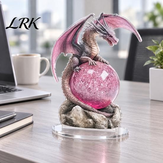 Decorative Figures for Bookshelves 2D Flat Acrylic Dragon Statue, Mystical with Pink Crystal Ball Handmade Fantasy Art Decor on Rock Base, Desktop
