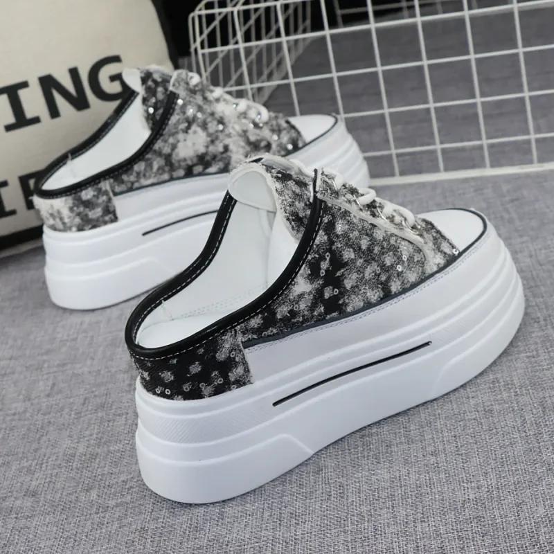 Mote Canvas Baotou Halvtøfler Dame Nye Sommer Yttertøy Alt-match Tykk Såle Innvendig Høydeøkning 8cm Uten Hæl Slip-on Sko