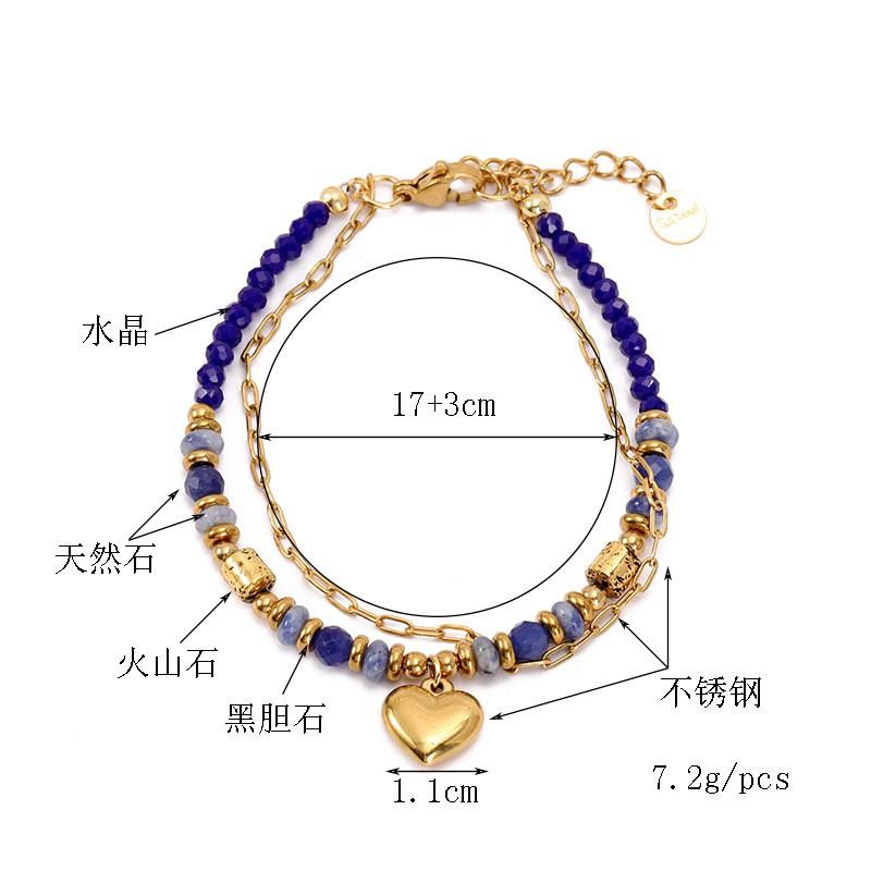 Boho Style Stainless Steel Double Layer Bracelet With Natural Stone Beads Heart Charm Women