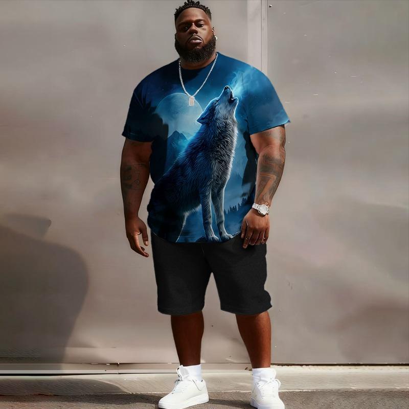S-6XL Große Größen Herren Oversized Fit, Wolf, Mond & Flamme 3D-Druck T-Shirt & Shorts Set, Lässiges Streetwear Outfit