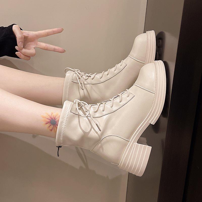 Super angesagte Stiefeletten mit dickem Absatz für Damen im britischen Stil, zum Schnüren, kurze Stiefel, dünne Stiefel, mit dicker Sohle, neu für den Herbst, braun 2025, elastisch