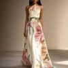 Women's Sleeveless Cross Neck Floral Print Belted Maxi Dress