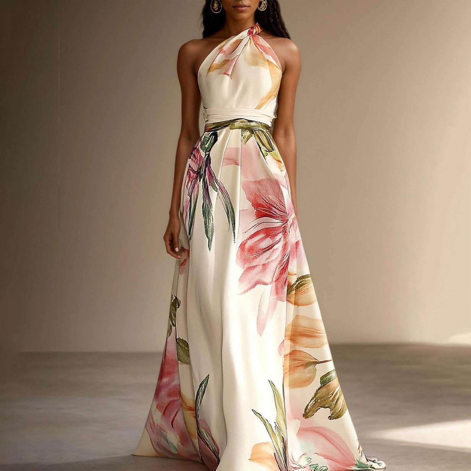 Women s Sleeveless Cross Neck Floral Print Belted Maxi Dress S