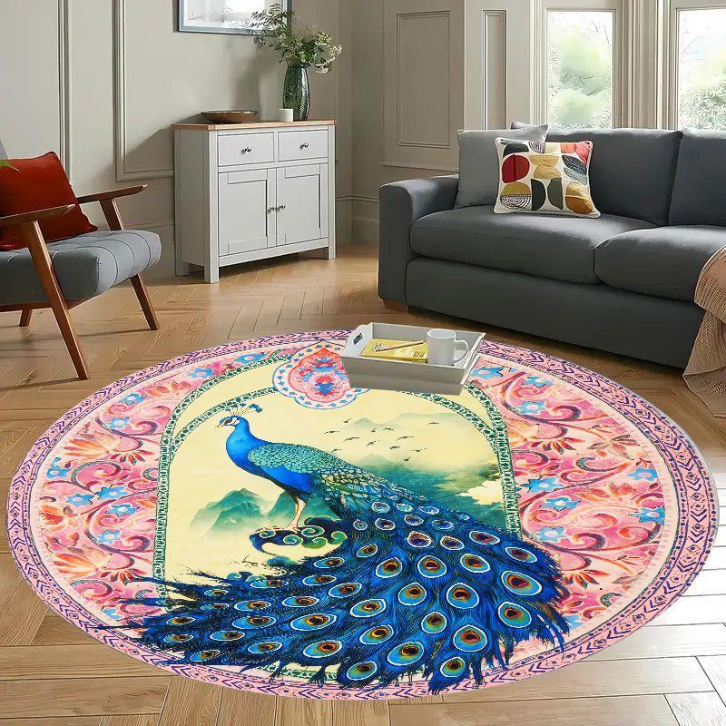2D Peacock Design Round Doormat Flannel Soft Entryway Mat Home Decor Living Room Carpet