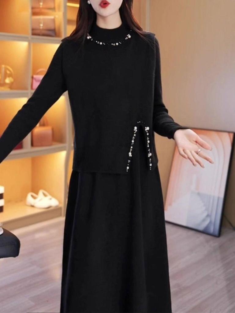 Beaded Knitted Two-Piece Mid-Length Dress - 2025 Autumn/Winter Korean Style
