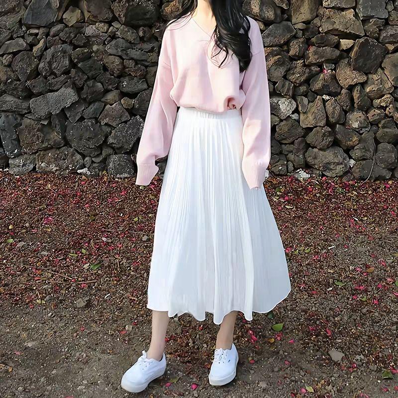 Pleated Chiffon Midi Skirt for Women Mid To Long Spring/summer A-line Slimming Skirt